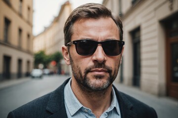 Seriously Caucasian white adult man  wearing dark sunglasses 40 years old portrait
