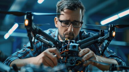 Obraz premium A technician meticulously repairs a drone in a modern workshop, showcasing the intersection of technology and craftsmanship.