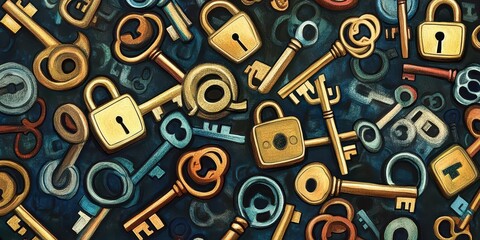 Hand-drawn cartoon seamless pattern with keys and locks.