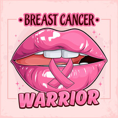 Hand drawn glossy women pink lips biting tongue and pink ribbon breast cancer warrior awareness