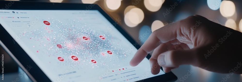 Poster person interacting with data visualization on tablet during evening in a modern workspace