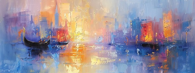 Colorful boats are anchored as a radiant sunset reflects off calm waters