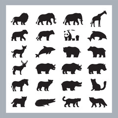 
Set of logotype icons Lion, Elephant, Tiger, Giraffe, Kangaroo, Panda, Gorilla, dolphin, cat, deer, Polar Bear, Zebra, Hippopotamus illustration silhouettes in white background
