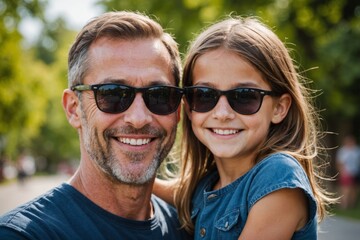 A dad and daughter  wearing dark sunglasses are smiling for a picture