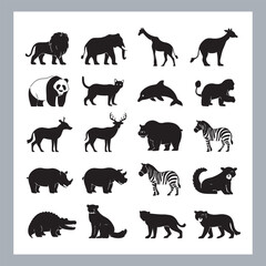 
Set of logotype icons Lion, Elephant, Tiger, Giraffe, Kangaroo, Panda, Gorilla, dolphin, cat, deer, Polar Bear, Zebra, Hippopotamus illustration silhouettes in white background