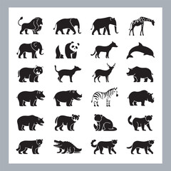 
Set of logotype icons Lion, Elephant, Tiger, Giraffe, Kangaroo, Panda, Gorilla, dolphin, cat, deer, Polar Bear, Zebra, Hippopotamus illustration silhouettes in white background