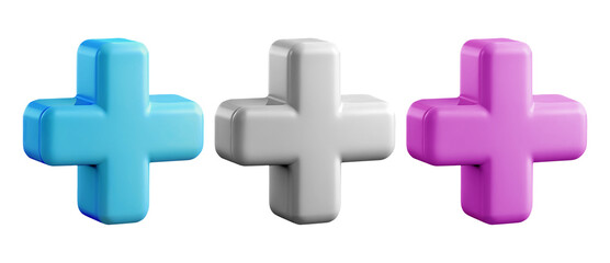 3D icon with a cross. Three crosses - white, pink and blue on a transparent background. 