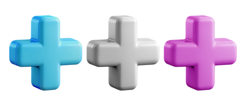 3D icon with a cross. Three crosses - white, pink and blue on a transparent background. 