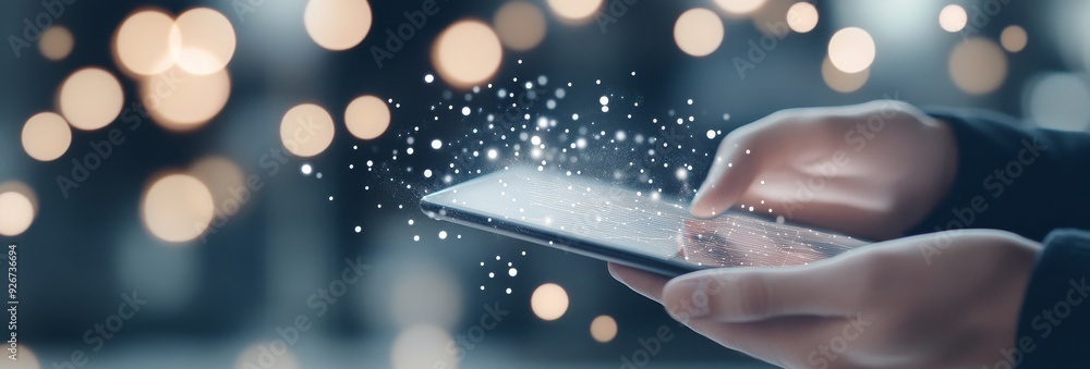 Poster person interacting with data visualization on tablet during evening in a modern workspace