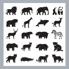 
Set of logotype icons Lion, Elephant, Tiger, Giraffe, Kangaroo, Panda, Gorilla, dolphin, cat, deer, Polar Bear, Zebra, Hippopotamus illustration silhouettes in white background