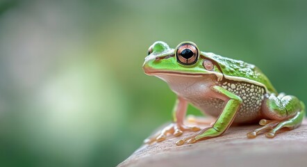 Obraz premium Green tree frog perched on a rock during a sunny day in a lush garden