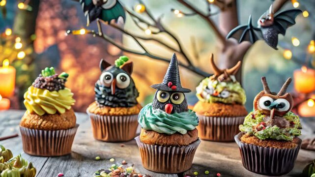 Halloween-themed cupcakes decorated with adorable owl and witch designs, set in a festive and playful outdoor scene. Perfect for Halloween parties, themed baking, and holiday celebrations