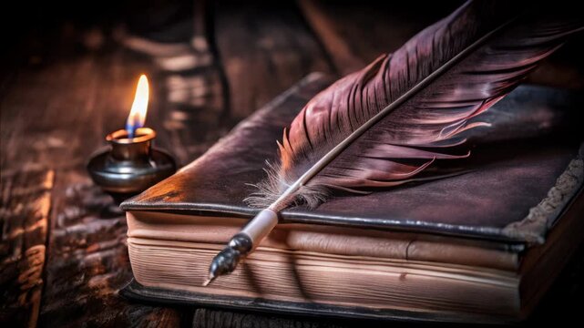Vintage quill pen resting on an old leather-bound book, illuminated by candlelight, evoking themes of history, literature, and classic writing. Ideal for literary, historical, and nostalgic concepts