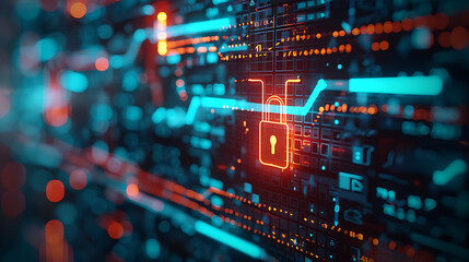 A data breach or unauthorized access to sensitive information. Abstract tech background screen elements symbolize the complex nature of cybersecurity and the threats in the digital world.
