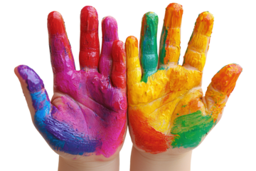 Colorful painted hands of a child on white background