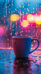 Obraz premium cup of coffee on glass and neon background.