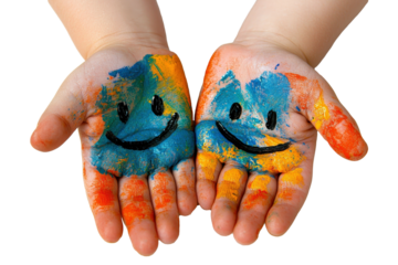 Child's hands painted with smiley and sad faces isolated on white transparent background