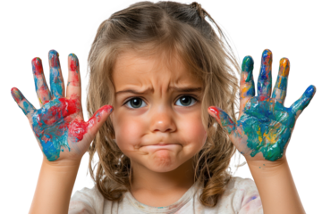 Child displays painted hands with mixed emotions