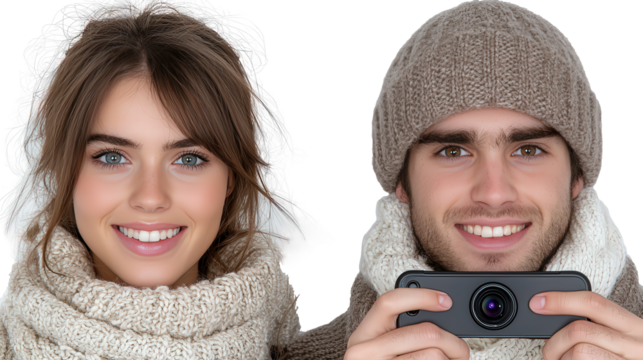 Young couple taking selfies in winter attire indoors - Powered by Adobe