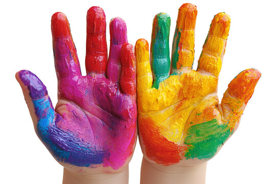 Colorful painted hands of a child on white background