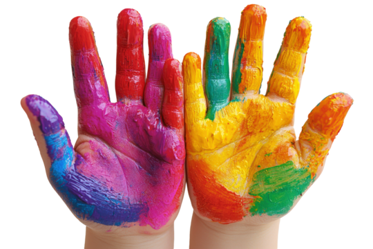 Colorful painted hands of a child on white background
