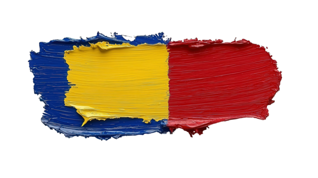 Colorful brushstroke design with blue, yellow, and red hues