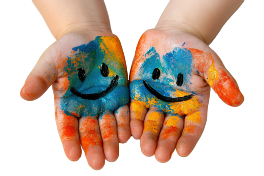 Child's hands painted with smiley and sad faces isolated on white transparent background - Powered by Adobe