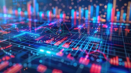 Obraz premium Vibrant digital data visualization with glowing graphs and charts representing complex analytics and modern technology.