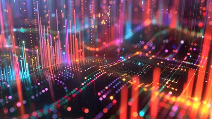 Fototapeta premium Vibrant digital abstract with glowing lines and dots, representing technology and data flow in a colorful, modern design.