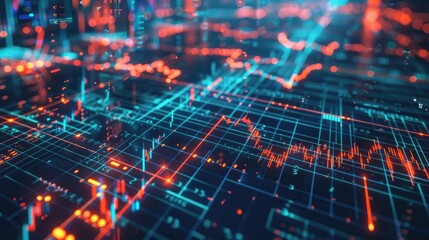 Fototapeta premium Vibrant digital financial chart with glowing lines and data points, illustrating market trends and analytics in a modern style.