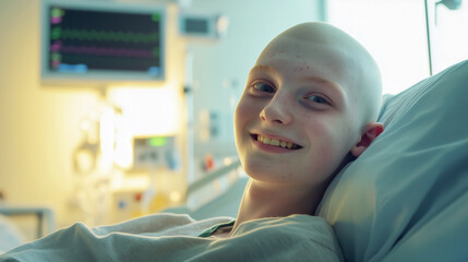 Fototapeta premium Boy with bald head because of chemotherapy, lying in bed of a hospital. AI generated illustration.