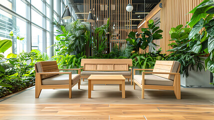 Modern, stylish waiting room in green office. Comfortable wooden chairs arranged for job interview, appointment or business meeting. Workplace with lush greenery for calming and inviting atmosphere

