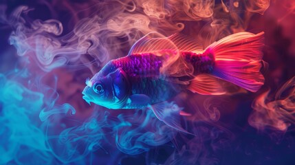 fish against the background of smoke and neon light.
