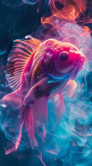 fish against the background of smoke and neon light.