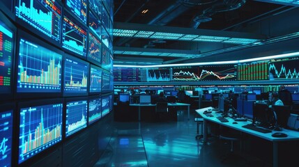 Fototapeta premium Dynamic trading floor with advanced technology, showcasing financial graphs and digital screens in a high-tech environment.