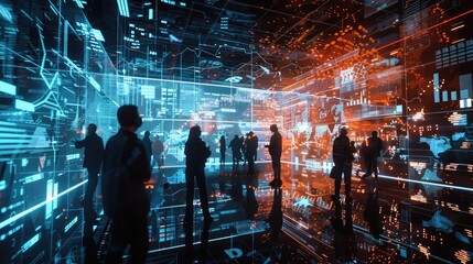 Futuristic digital landscape with silhouettes, showcasing vibrant blue and red data visuals in an immersive environment.