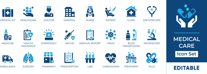 Medical Care Icon Set featuring essential healthcare elements like doctors, hospitals, medicine, and more. Perfect for medical websites, apps. Editable vector graphics for customization.