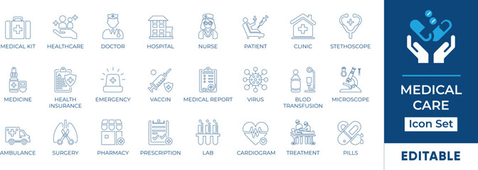 Medical Care Icon Set featuring essential healthcare elements like doctors, hospitals, medicine, and more. Perfect for medical websites, apps. Editable vector graphics for customization.