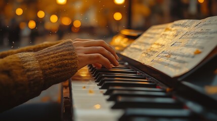 Hands Playing Piano with Sheet Music on an Outdoor Autumn Evening, Warm Golden Light and Falling Leaves Creating a Cozy and Melodic Atmosphere