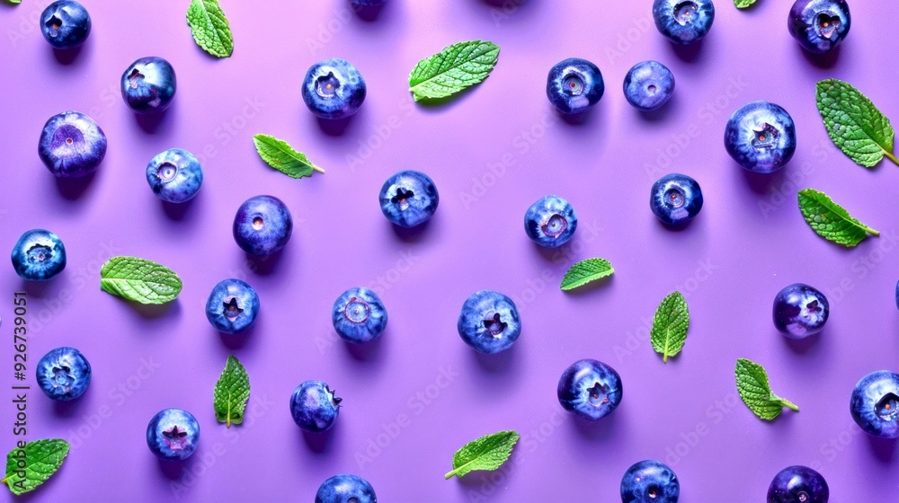 Wall mural Fresh blueberries scattered on a vibrant purple background. The deep blue color contrasts beautifully with bright green mint leaves. A visually appealing style for food and health inspiration. AI