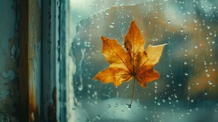 Obraz premium autumn leaf on glass with rain.