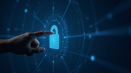 Fototapeta premium A hand pointing towards a glowing lock icon on a digital screen. The background features abstract blue lines and dots, creating a futuristic and technological ambiance. 
