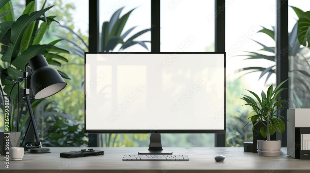 Poster modern workspace with blank computer monitor