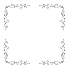 Vegetal floral frame with leaves and bluebell flowers, decorative corners for greeting cards, banners, business cards, invitations, menus. Isolated vector illustration.	
