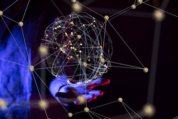 Global network. Blockchain. 3D illustration. Neural networks and artificial intelligence. Abstract