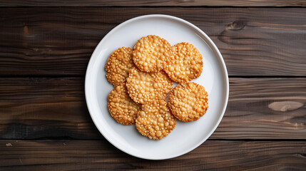 Naklejka premium Golden-brown rice crackers on a white plate on a wooden table, crispy and delicious, perfect for food photography