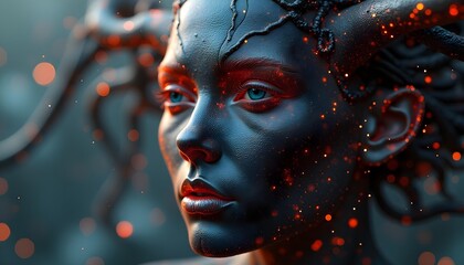 A close-up portrait of a futuristic female android with glowing red circuits on her face, set against a blurred, dark background with hints of orange and red