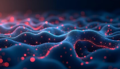 Glowing blue and red particles flowing in a wavy, abstract pattern against a dark background