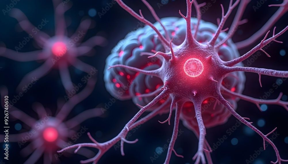 Wall mural a close-up view of a neuron with its intricate network of dendrites and axons, glowing in shades of 