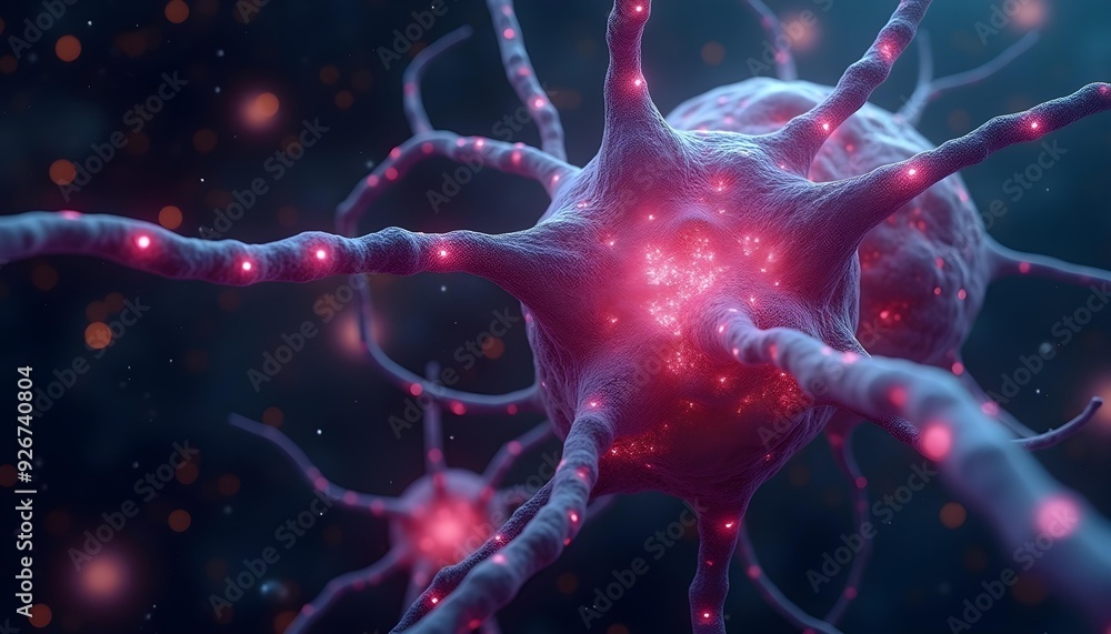 Wall mural a close-up view of a neuron with its intricate network of dendrites and axons, glowing in shades of 